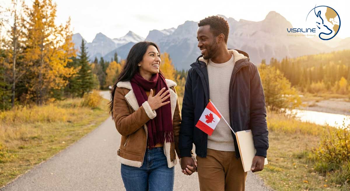 تصویر یک زوج جوان و خوشبخت در کنار دریاچه لوئیز کانادا، نمادی از یک زندگی مشترک موفق پس از دریافت ویزای ازدواج کانادا در سال ۲۰۲۶. این تصویر، نتیجه اثبات واقعی بودن رابطه (Genuineness) و موفقیت در پرونده اسپانسرشیپ همسر با مشاوره تخصصی ویزالاین را نشان میدهد.