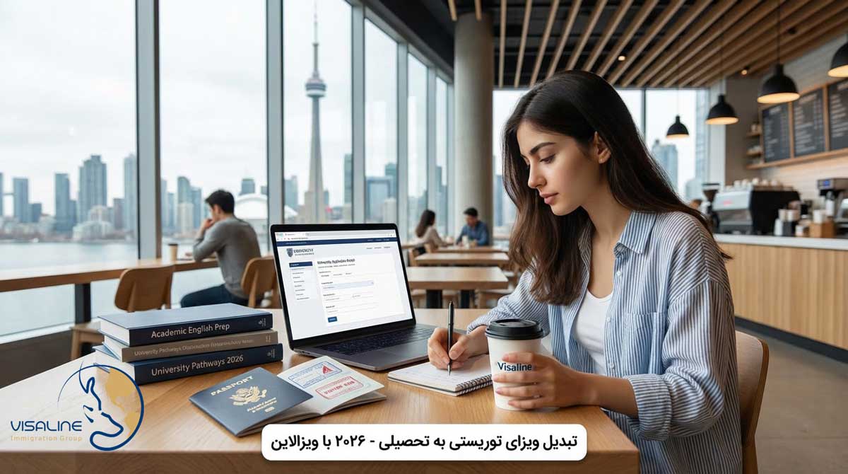 دانشجویی در محوطه یک کالج کانادایی، نماد موفقیتآمیز فرآیند تبدیل ویزای توریستی به تحصیلی از طریق گذراندن دورههای پیشنیاز (Pathway Program) در سال ۲۰۲۶.