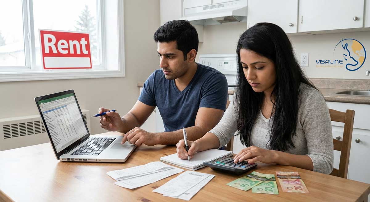 زوج مهاجر جوان در حال برنامهریزی مالی و محاسبه هزینههای اجاره و زندگی در ماههای اول ورود به کانادا با لپتاپ و ماشینحساب.