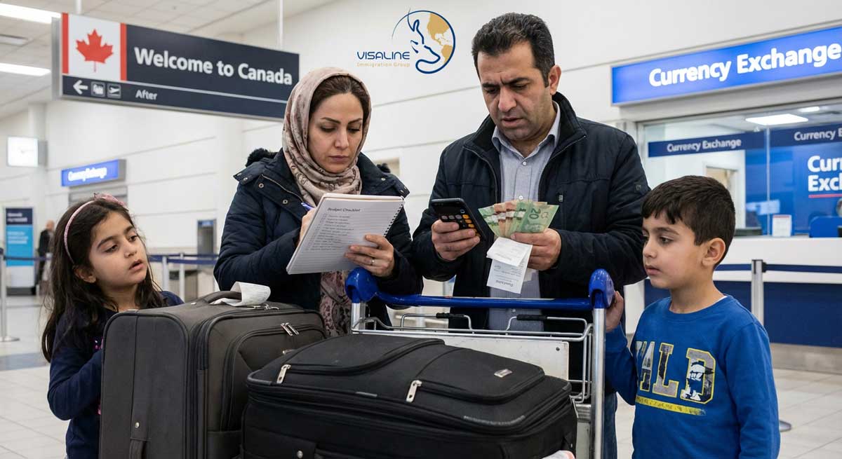 خانواده مهاجر تازهوارد در فرودگاه کانادا با چمدان، نماد شروع هزینههای زندگی و اجاره خانه